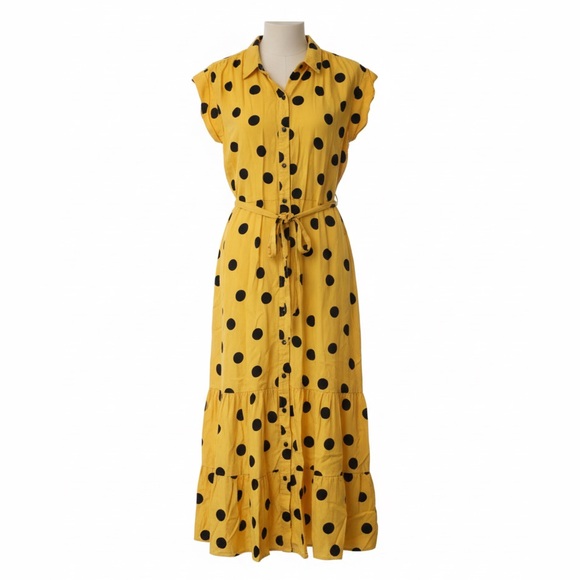 Ann Taylor Dresses & Skirts - Ann Taylor Yellow and Black Polka Dot Maxi Dress Tiered Skirt Buttons Size 12